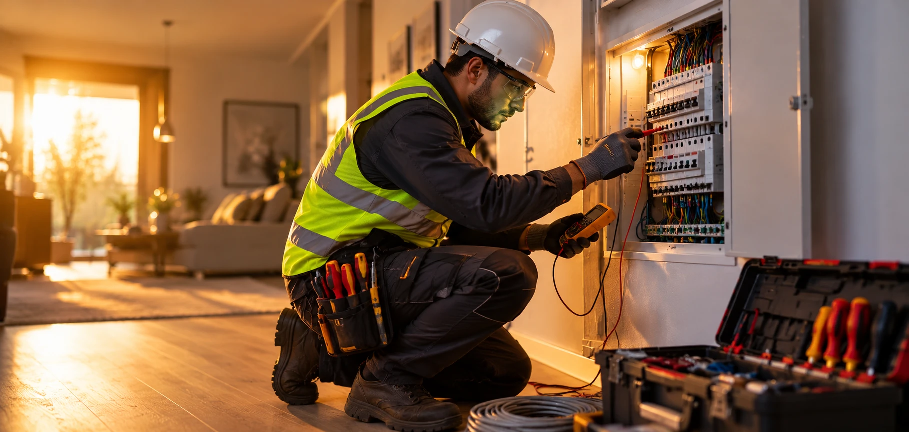Électricien en casque et gilet jaune vérifiant un tableau électrique avec un multimètre dans un salon